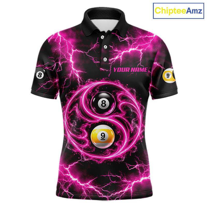 Flame 8 Ball 9 Ball Billiard Polo 1/4-Zip Shirt For Men Pink Thunder Yin-Yang Billiard Team Jersey NYN4765