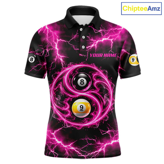 Flame 8 Ball 9 Ball Billiard Polo 1/4-Zip Shirt For Men Pink Thunder Yin-Yang Billiard Team Jersey NYN4765