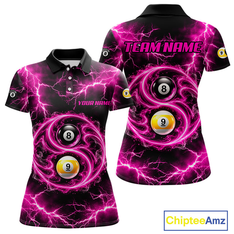 Flame 8 Ball 9 Ball Billiard Polo 1/4-Zip Shirt For Women Pink Thunder Yin-Yang Billiard Team Jersey NYN4765