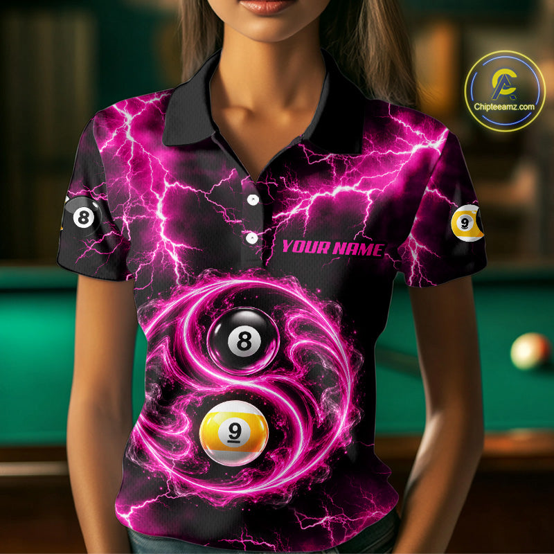 Flame 8 Ball 9 Ball Billiard Polo 1/4-Zip Shirt For Women Pink Thunder Yin-Yang Billiard Team Jersey NYN4765