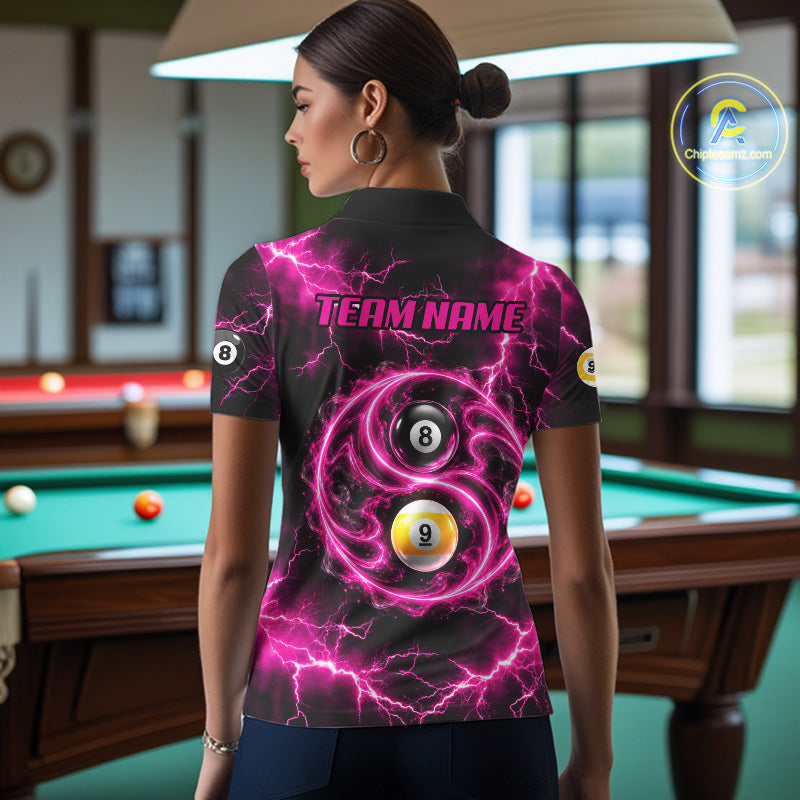 Flame 8 Ball 9 Ball Billiard Polo 1/4-Zip Shirt For Women Pink Thunder Yin-Yang Billiard Team Jersey NYN4765
