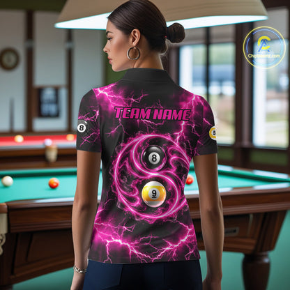 Flame 8 Ball 9 Ball Billiard Polo 1/4-Zip Shirt For Women Pink Thunder Yin-Yang Billiard Team Jersey NYN4765