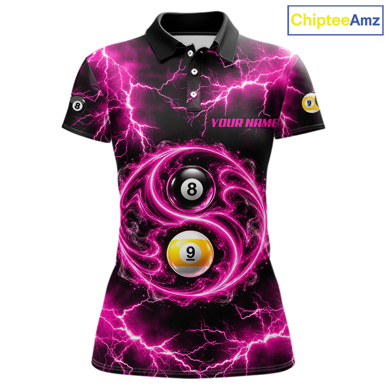 Flame 8 Ball 9 Ball Billiard Polo 1/4-Zip Shirt For Women Pink Thunder Yin-Yang Billiard Team Jersey NYN4765