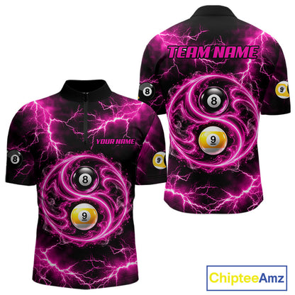 Flame 8 Ball 9 Ball Billiard Polo 1/4-Zip Shirt For Men Pink Thunder Yin-Yang Billiard Team Jersey NYN4765