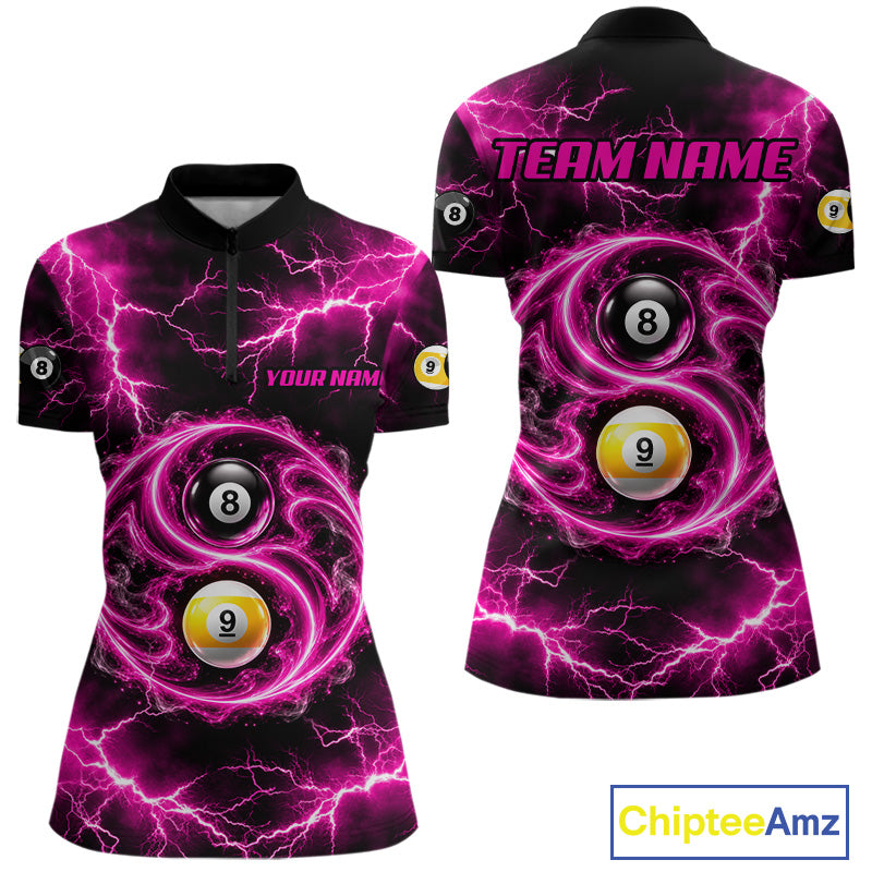 Flame 8 Ball 9 Ball Billiard Polo 1/4-Zip Shirt For Women Pink Thunder Yin-Yang Billiard Team Jersey NYN4765