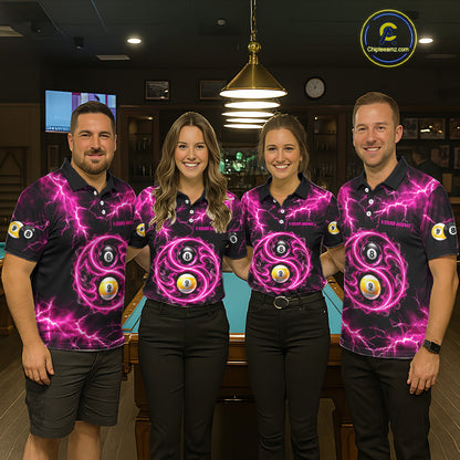 Flame 8 Ball 9 Ball Billiard Polo 1/4-Zip Shirt For Men Pink Thunder Yin-Yang Billiard Team Jersey NYN4765