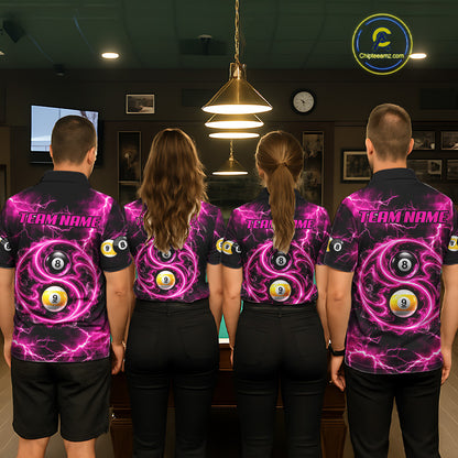 Flame 8 Ball 9 Ball Billiard Polo 1/4-Zip Shirt For Men Pink Thunder Yin-Yang Billiard Team Jersey NYN4765