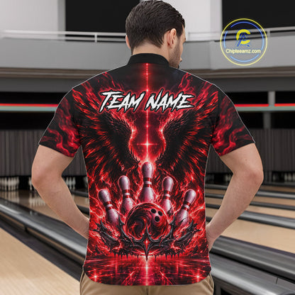 Red Lightning Eagle Bowling Polo 1/4-Zip For Men Custom Crown Wings Bowling Strike Team Apparel NYN4768