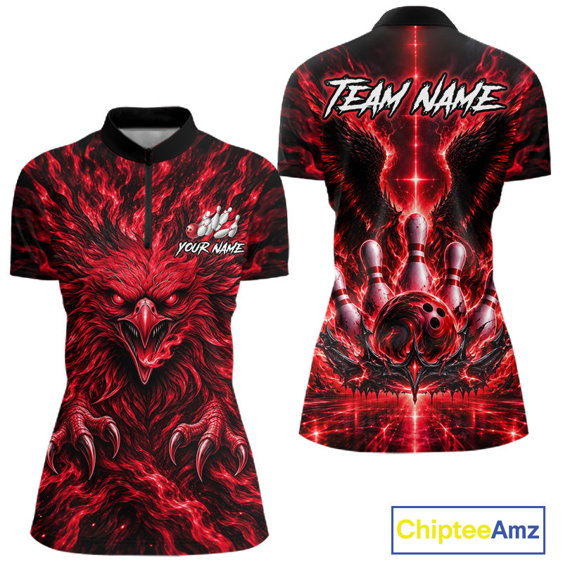 Red Lightning Eagle Bowling Polo 1/4-Zip For Women Custom Crown Wings Bowling Strike Team Apparel NYN4768