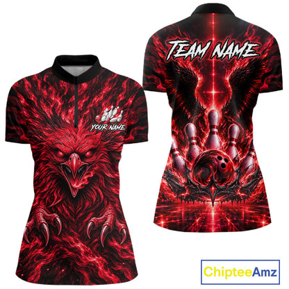 Red Lightning Eagle Bowling Polo 1/4-Zip For Women Custom Crown Wings Bowling Strike Team Apparel NYN4768