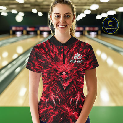 Red Lightning Eagle Bowling Polo 1/4-Zip For Women Custom Crown Wings Bowling Strike Team Apparel NYN4768