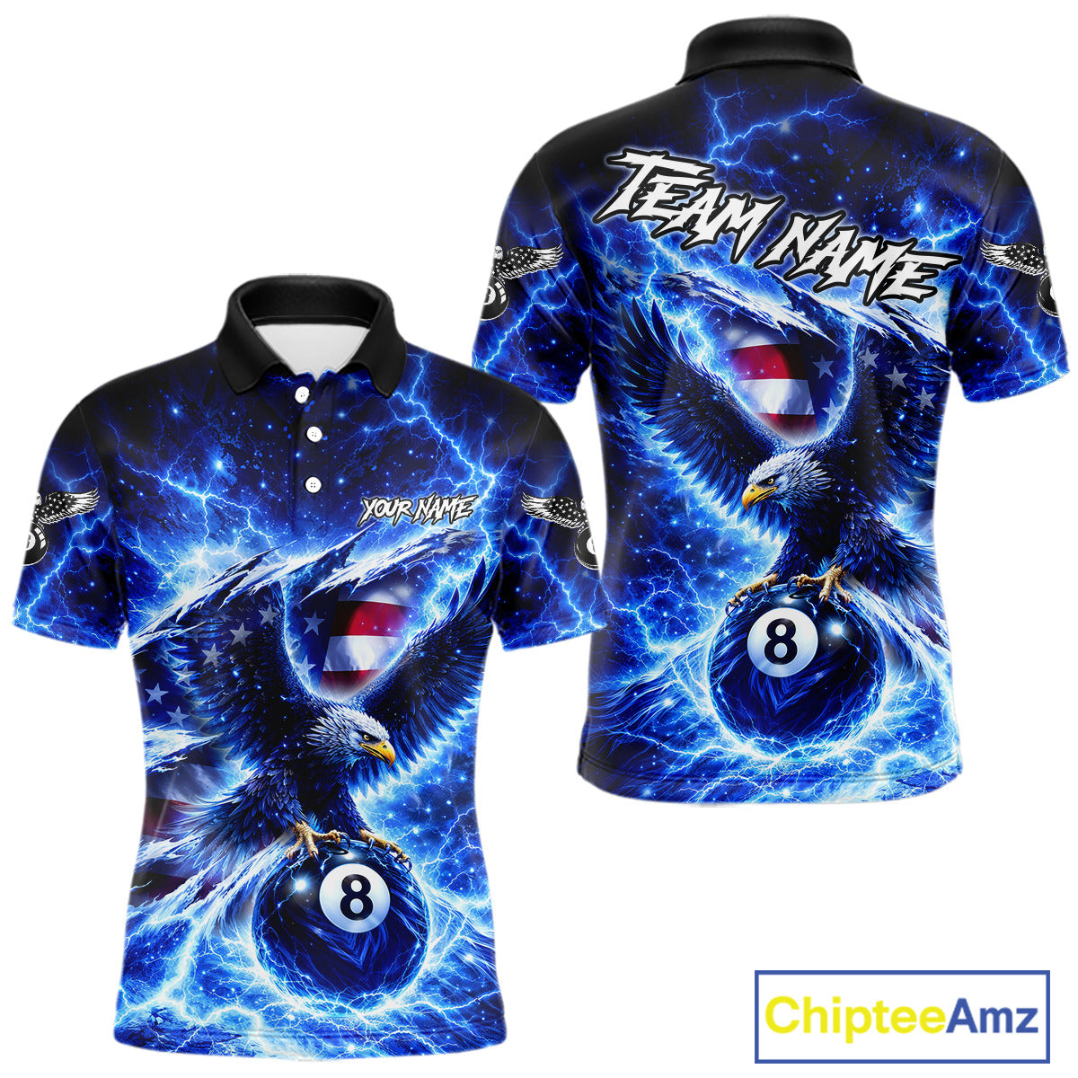 Torn US Flag Thunder Eagle Pool 8 Ball Men Billiard Shirt Custom Patriotic Billiard Apparel|Blue NYN2638