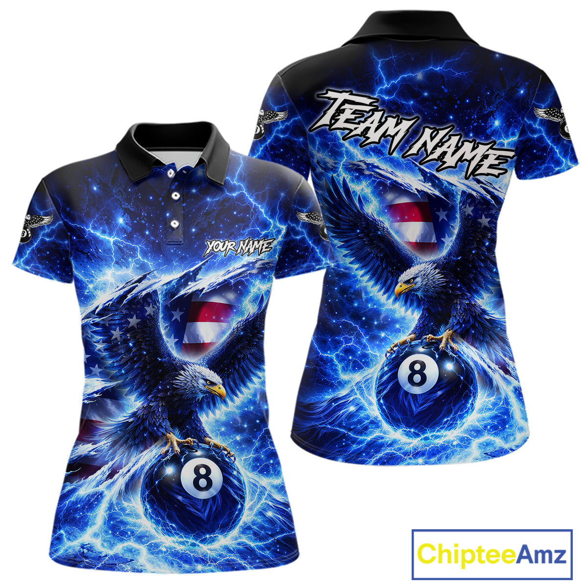 Torn US Flag Thunder Eagle Pool 8 Ball Women Billiard Shirt Custom Patriotic Billiard Apparel|Blue NYN2638