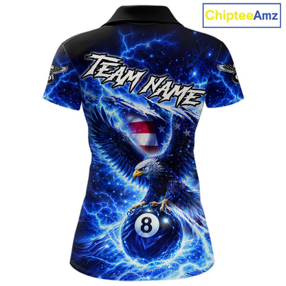 Torn US Flag Thunder Eagle Pool 8 Ball Women Billiard Shirt Custom Patriotic Billiard Apparel|Blue NYN2638
