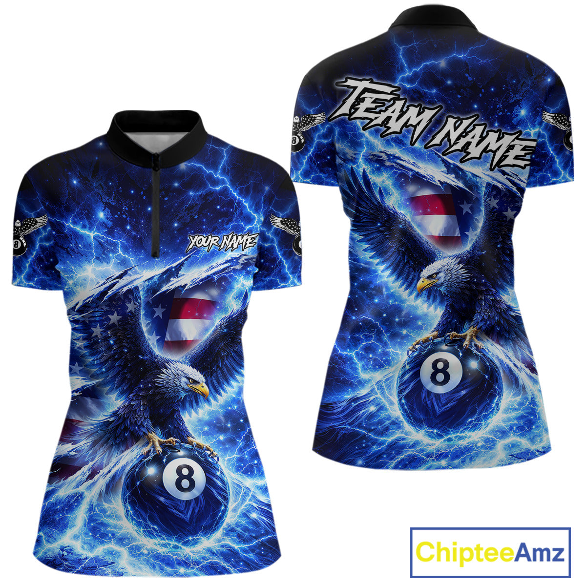 Torn US Flag Thunder Eagle Pool 8 Ball Women Billiard Shirt Custom Patriotic Billiard Apparel|Blue NYN2638