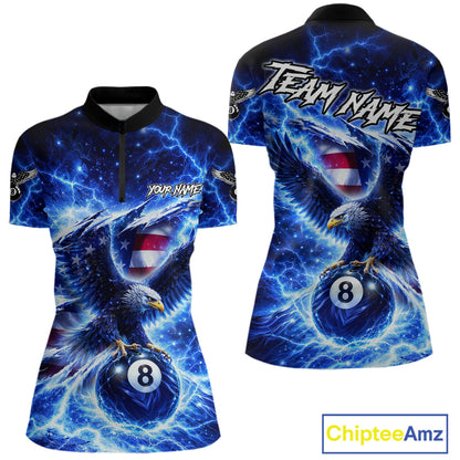 Torn US Flag Thunder Eagle Pool 8 Ball Women Billiard Shirt Custom Patriotic Billiard Apparel|Blue NYN2638