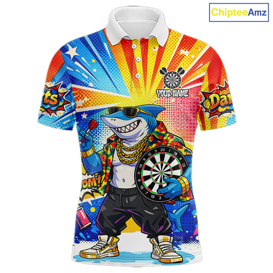 Funny Rich Cool Shark Hold Dartboard Men Darts Polo Shirt Custom Pop Art Dart League Shirt NYN2646