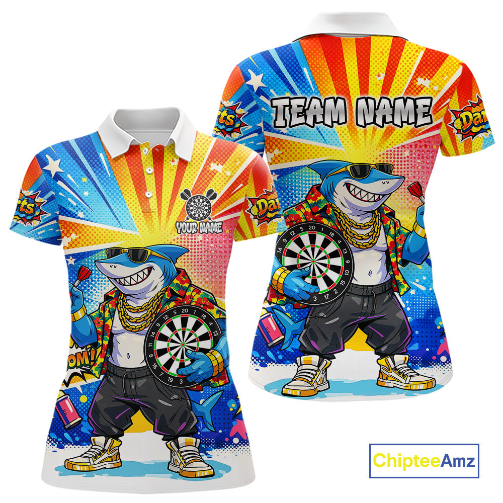Funny Rich Cool Shark Hold Dartboard Women Darts Polo Shirt Custom Pop Art Dart League Shirt NYN2646
