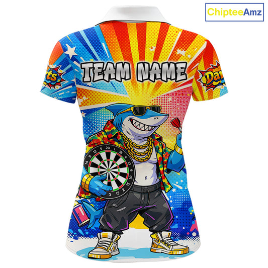 Funny Rich Cool Shark Hold Dartboard Women Darts Polo Shirt Custom Pop Art Dart League Shirt NYN2646