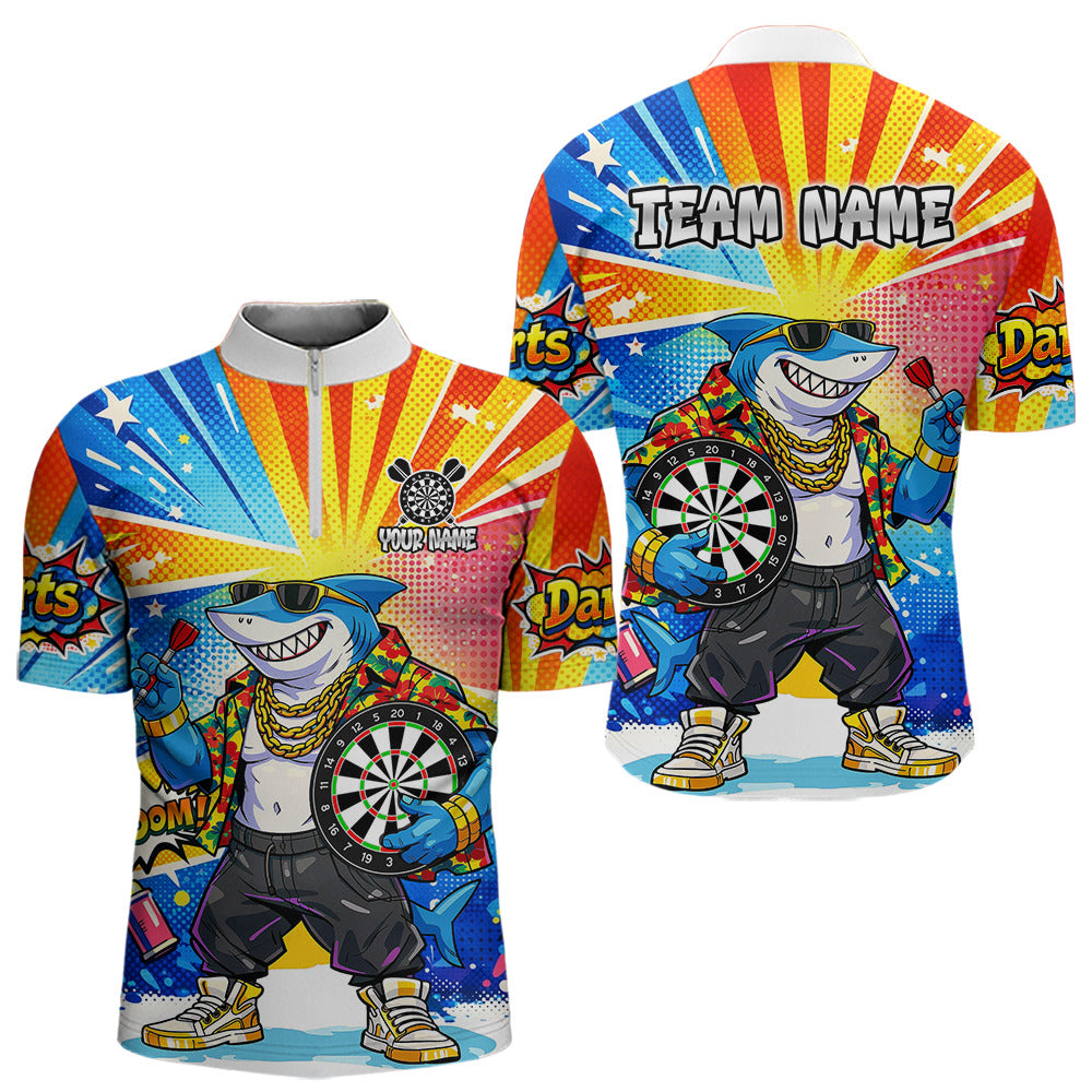 Funny Rich Cool Shark Hold Dartboard Men Darts 1/4-Zip Shirt Custom Pop Art Dart League Shirt NYN2646