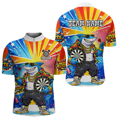 Funny Rich Cool Shark Hold Dartboard Men Darts 1/4-Zip Shirt Custom Pop Art Dart League Shirt NYN2646