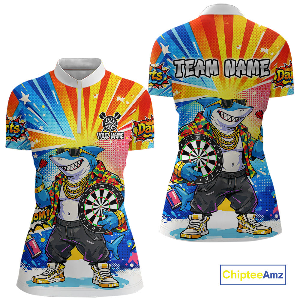Funny Rich Cool Shark Hold Dartboard Women Darts 1/4-Zip Shirt Custom Pop Art Dart League Shirt NYN2646