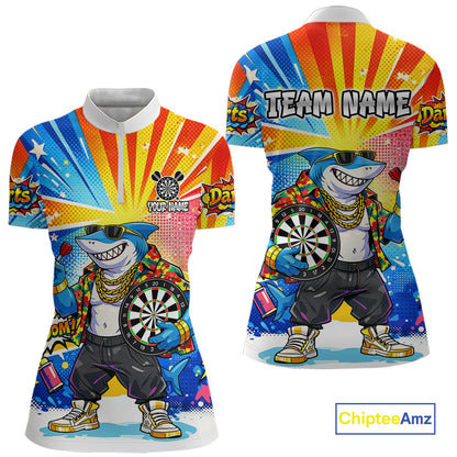 Funny Rich Cool Shark Hold Dartboard Women Darts 1/4-Zip Shirt Custom Pop Art Dart League Shirt NYN2646