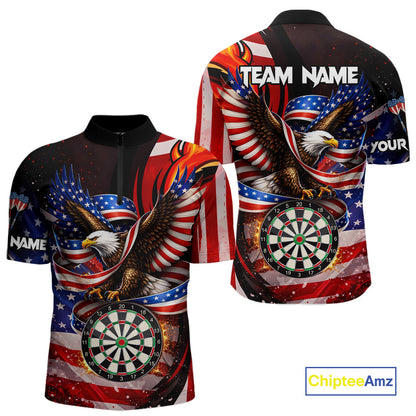 Custom US Flag Funny Eagle Dartboard Darts Men Polo & 1/4-Zip Shirts Patriotic Dart Team Jerseys NYN2805