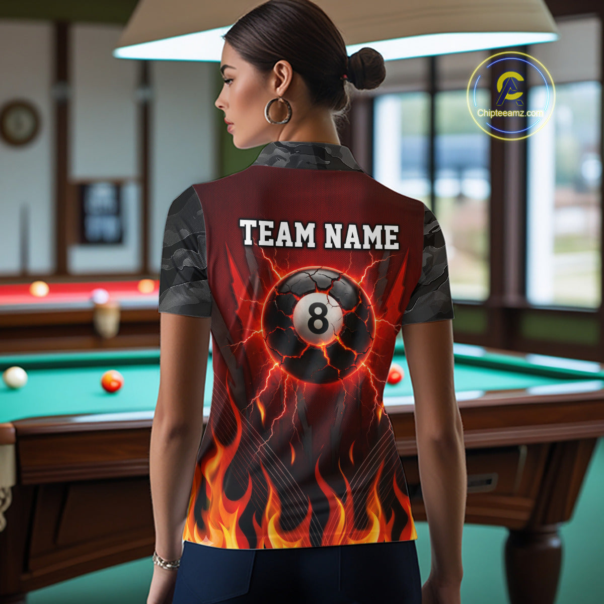 Personalized 8 Ball Red Flames Pool Billiard Polo & 1/4 Zip For Women Custom Camo Billiard Team Jerseys NYN3011