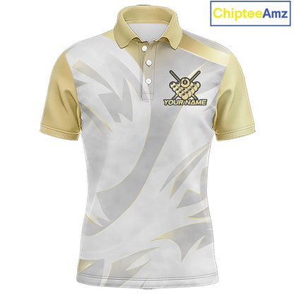 Personalized White And Gold Crown 8 Ball Pool Billiard Polo & 1/4 Zip For Men, Billiard Team Attire NYN3014