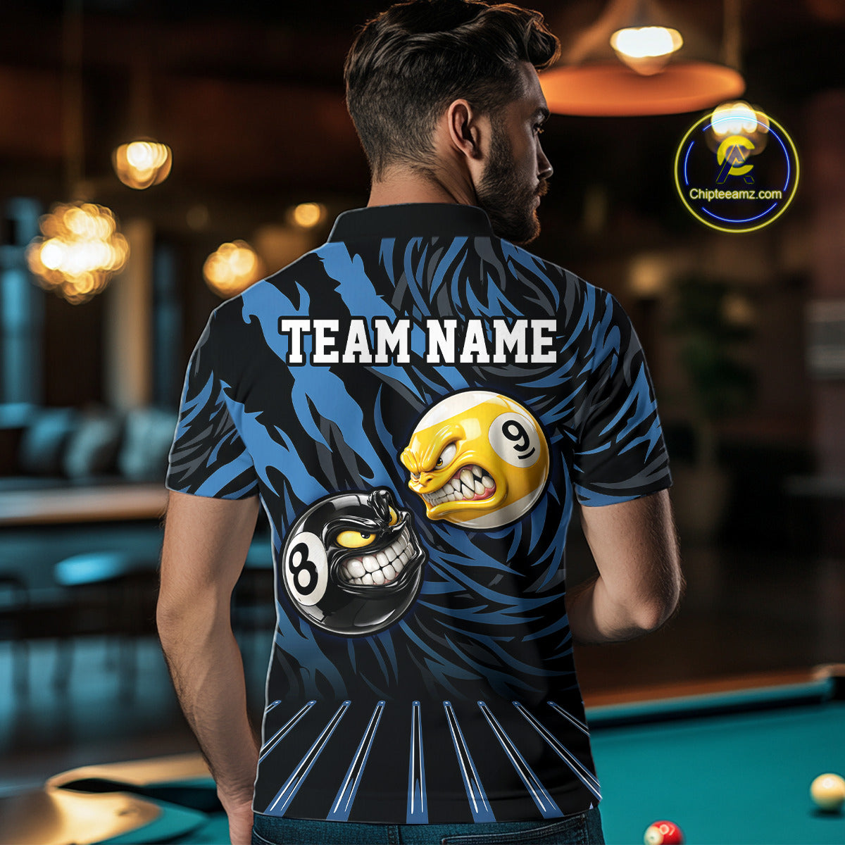 Funny 8 Ball & 9 Ball Billiard Polo & 1/4 Zip For Men Custom Pool Cue Pattern Billiard Jerseys |Blue NYN3018