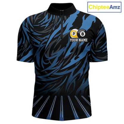 Funny 8 Ball & 9 Ball Billiard Polo & 1/4 Zip For Men Custom Pool Cue Pattern Billiard Jerseys |Blue NYN3018