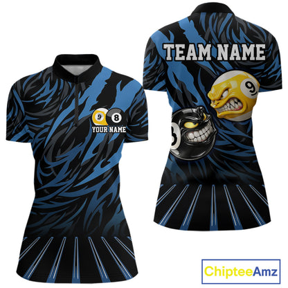 Funny 8 Ball & 9 Ball Billiard Polo & 1/4 Zip For Women Custom Pool Cue Pattern Billiard Jerseys |Blue NYN3018