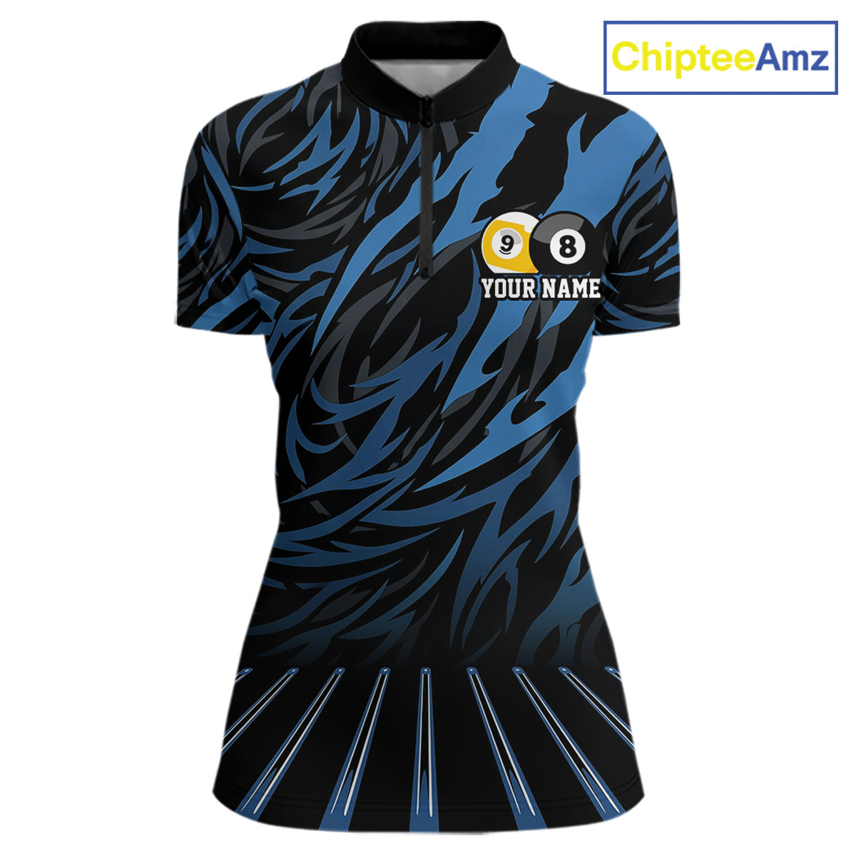 Funny 8 Ball & 9 Ball Billiard Polo & 1/4 Zip For Women Custom Pool Cue Pattern Billiard Jerseys |Blue NYN3018