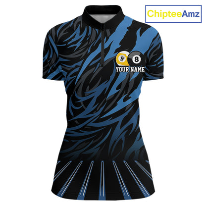 Funny 8 Ball & 9 Ball Billiard Polo & 1/4 Zip For Women Custom Pool Cue Pattern Billiard Jerseys |Blue NYN3018