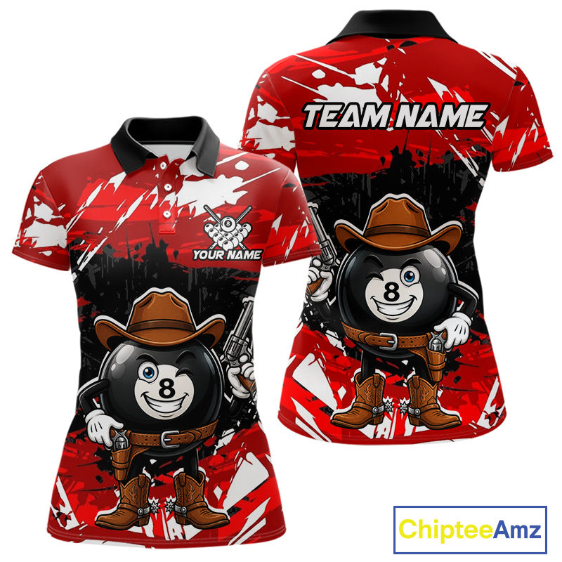 Funny billiard 8 ball cowboy gun shirt for women custom grunge pool team jersey red