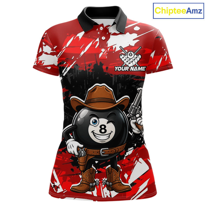 Funny billiard 8 ball cowboy gun shirt for women custom grunge pool team jersey red