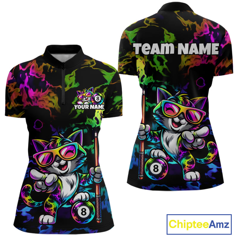 Custom Colorful Billiard Shirt For Women Personalized Neon Cat 8 Ball Pool Team Jersey Billiard Apparel NYN4380