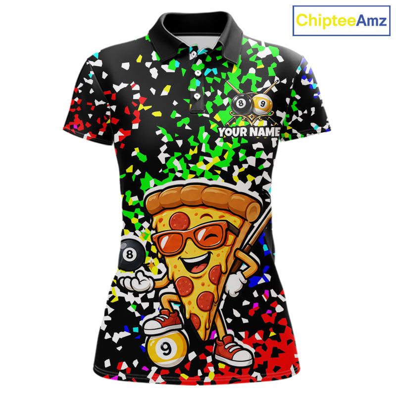 Billiard Shirt For Women Custom Funny Pizza 8 Ball & 9 Ball Pool Jersey Colorful Confetti Billiard Apparel NYN4382