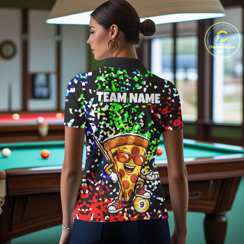 Billiard Shirt For Women Custom Funny Pizza 8 Ball & 9 Ball Pool Jersey Colorful Confetti Billiard Apparel NYN4382
