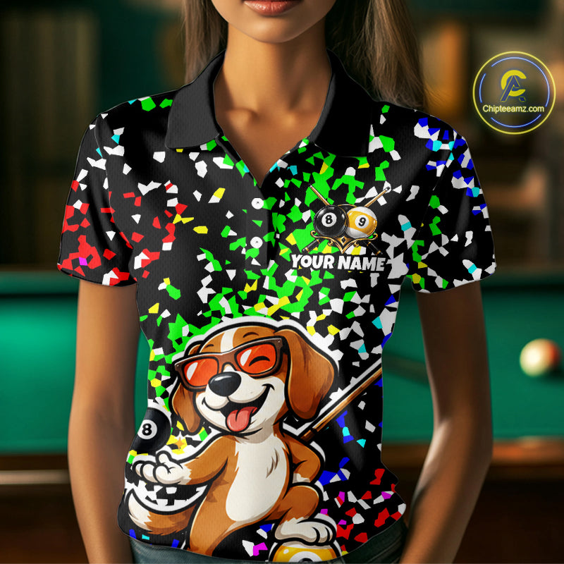 Billiard Shirt For Women Custom Funny Dog 8 Ball & 9 Ball Pool Jersey Colorful Confetti Billiard Apparel NYN4381
