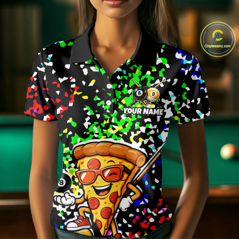 Billiard Shirt For Women Custom Funny Pizza 8 Ball & 9 Ball Pool Jersey Colorful Confetti Billiard Apparel NYN4382