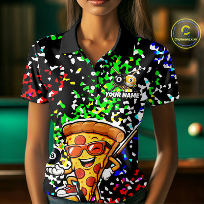 Billiard Shirt For Women Custom Funny Pizza 8 Ball & 9 Ball Pool Jersey Colorful Confetti Billiard Apparel NYN4382