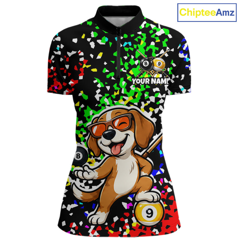 Billiard Shirt For Women Custom Funny Dog 8 Ball & 9 Ball Pool Jersey Colorful Confetti Billiard Apparel NYN4381