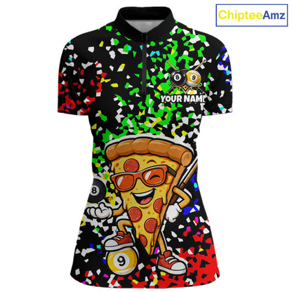 Billiard Shirt For Women Custom Funny Pizza 8 Ball & 9 Ball Pool Jersey Colorful Confetti Billiard Apparel NYN4382