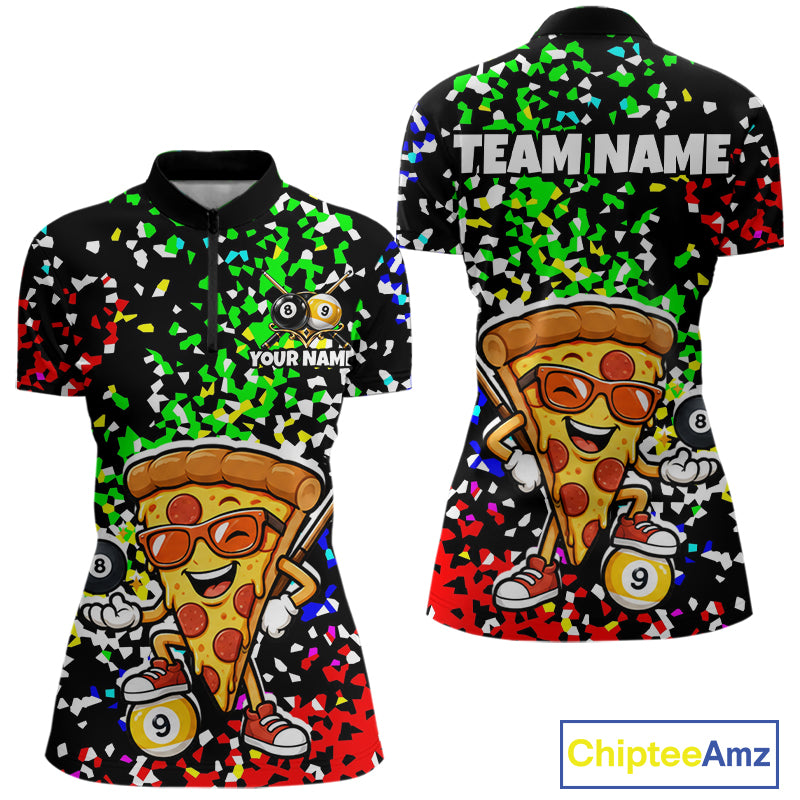 Billiard Shirt For Women Custom Funny Pizza 8 Ball & 9 Ball Pool Jersey Colorful Confetti Billiard Apparel NYN4382