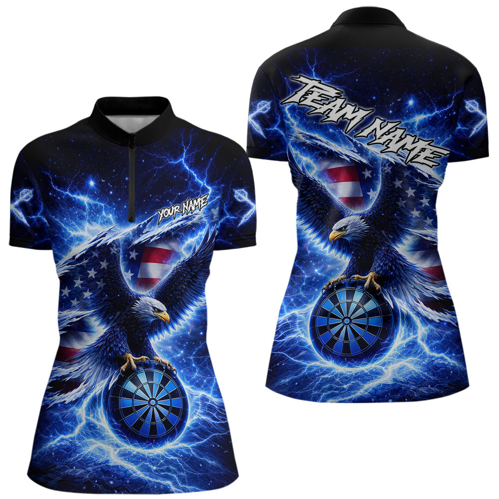 Thunder Torn US Flag Eagle Dartboard Women Darts 1/4-Zip Shirt Custom Patriotic Dart League Shirt NYN2649