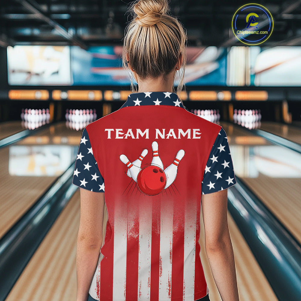 Custom American Flag Bowling Women Polo Quarter-Zip Shirts With Team Name, Patriot Bowlers Outfit NYN3184