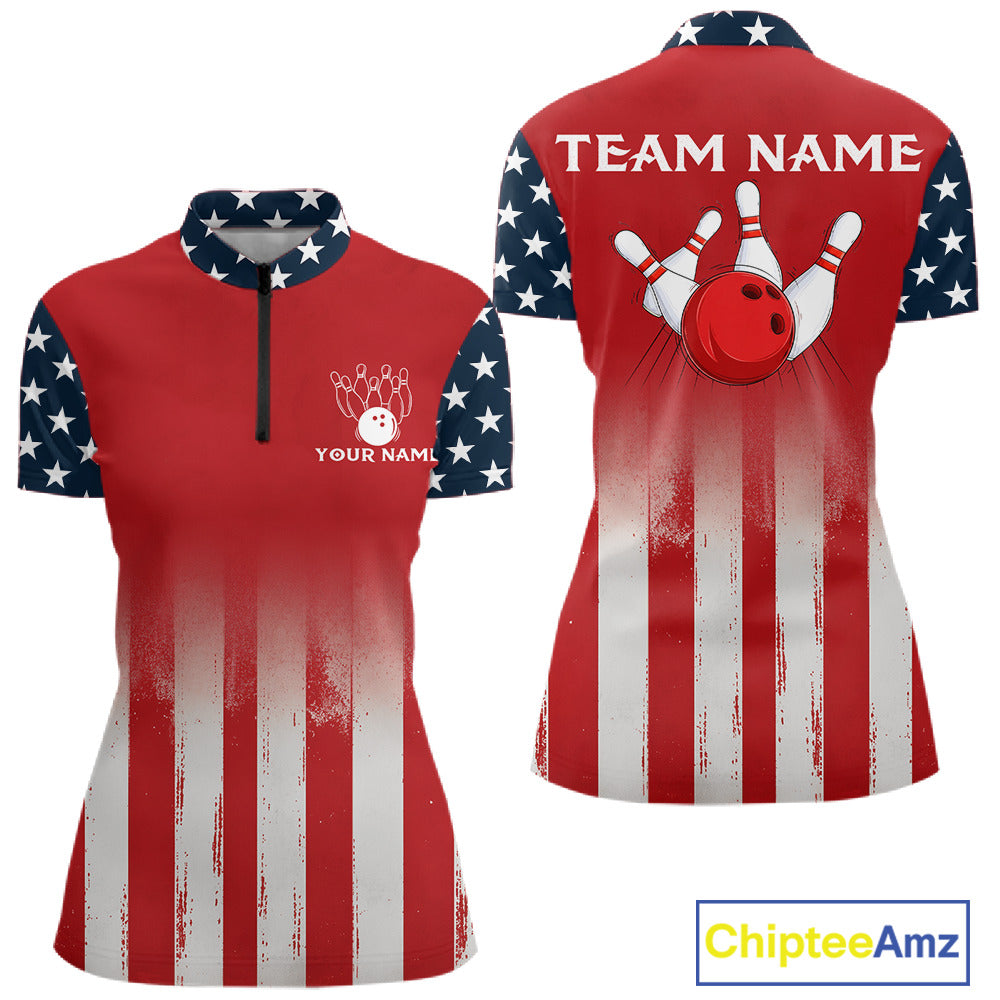 Custom American Flag Bowling Women Polo Quarter-Zip Shirts With Team Name, Patriot Bowlers Outfit NYN3184
