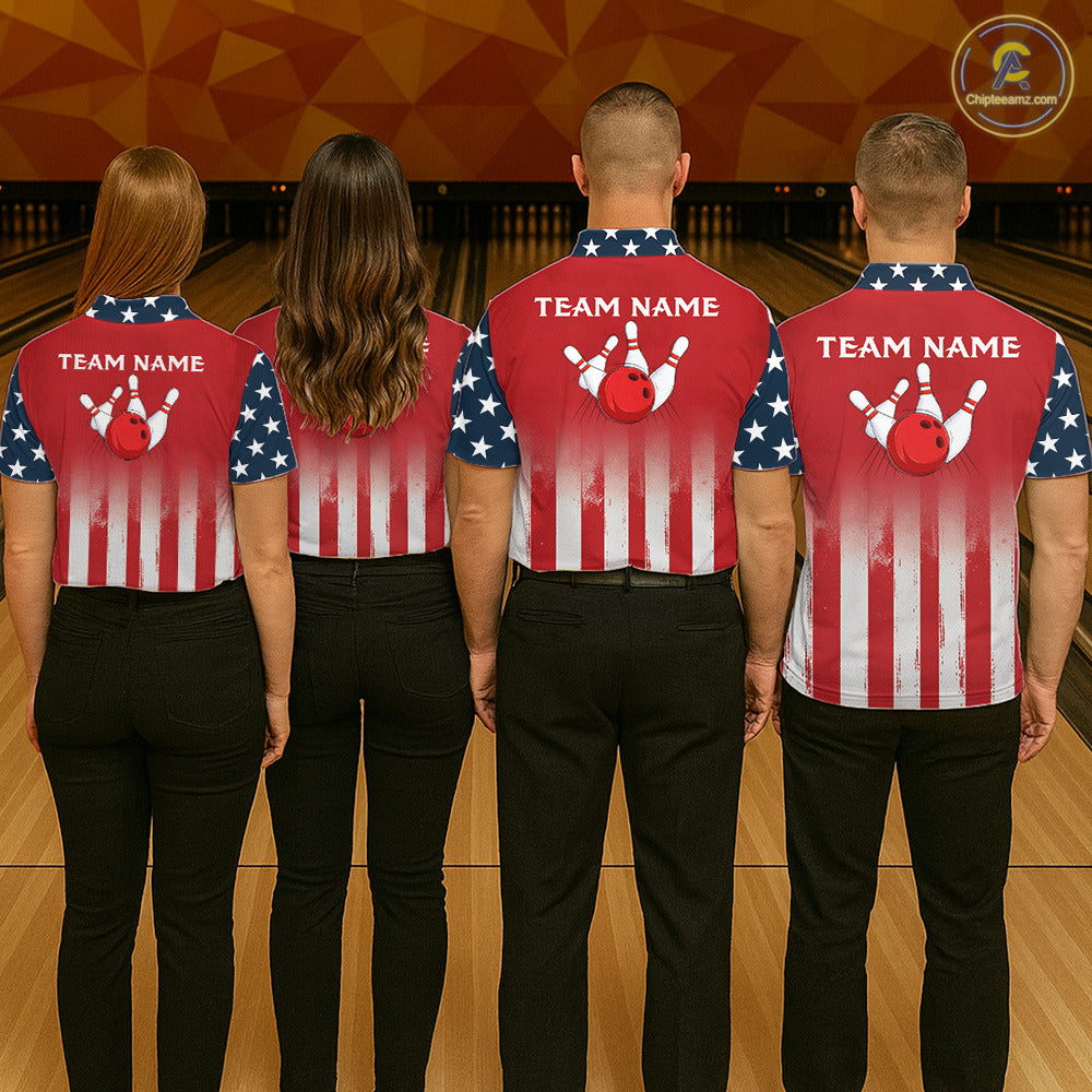 Custom American Flag Bowling Men Polo Quarter-Zip Shirts With Team Name, Patriot Bowlers Outfit NYN3184